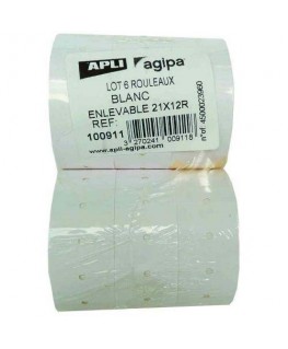 Pack de 6 rouleaux de 1000 étiquettes blanches rectangulaires enlevables 21 x 12 mm pour pinces 151991-101418 - Apli Agipa®