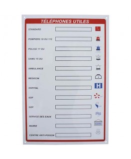 Panneau "Téléphone utiles" blanc rouge en plastique
