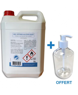 Bidon de 5 litres de gel hydroalcoolique 70% + 1 flacon pompe 500 ml vide offert